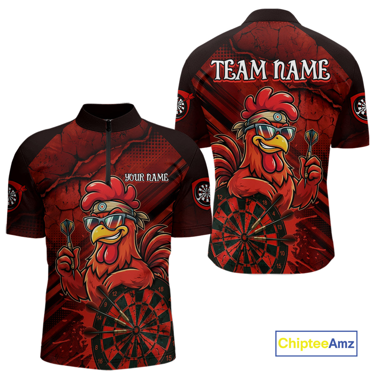 Red Splatter Rooster Darts Polo & 1/4-Zip Shirt For Men Custom Funny Dart Jersey For Darters NYN3005