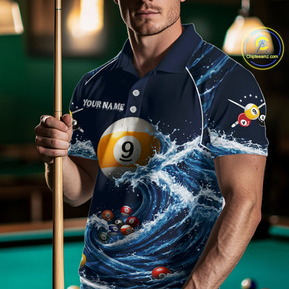 Male model wearing Funny Shark Blue pool polo jersey, custom billiard apparel, 8 Ball 9 Ball cue sports shirt, bar league championship uniform
