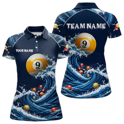 Blue Waving women's 9 Ball pool polo shirt, custom billiard team apparel, cue sports jersey, tournament uniform, league championship clothing
