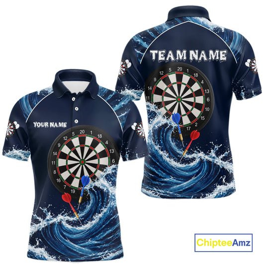 Blue Waving dartboard men's darts polo with dynamic motion artwork, personalized darts team jersey, custom league apparel, professional tournament sportswear