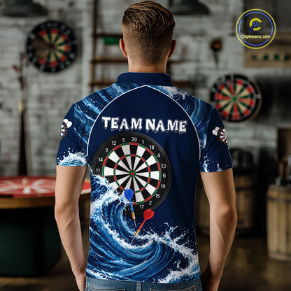 Male model wearing Blue Waving darts polo, personalized tournament jersey, custom dart league clothing, championship athletic performance wear
