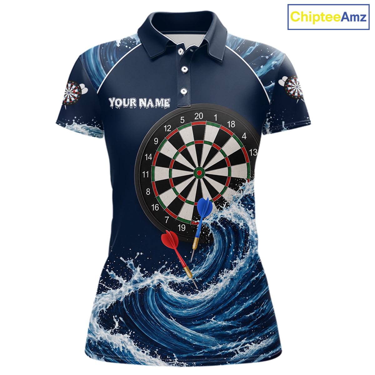 Blue Waving dartboard women's darts polo featuring flowing wave graphics, custom dart tournament jersey, personalized league apparel, precision-inspired performance clothing, steel tip darts uniform