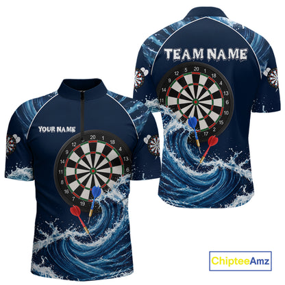 Blue Waving men's quarter-zip darts shirt, custom dart tournament jersey, personalized league uniform, moisture-wicking performance sportswear, precision-inspired apparel