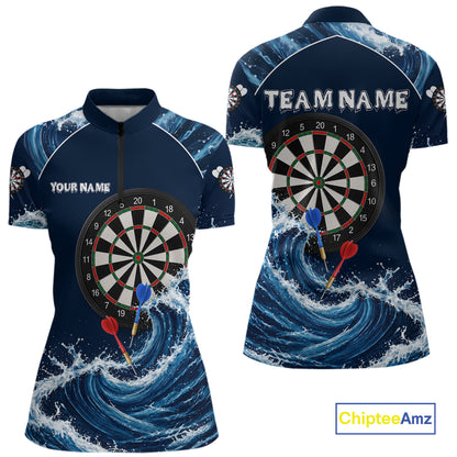 Blue Waving women's quarter-zip darts jersey featuring modern wave dartboard graphics, personalized tournament shirt, custom league clothing, athletic performance apparel