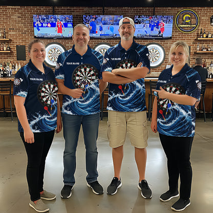 Matching Blue Waving darts team jerseys for men and women, custom tournament uniforms, professional league apparel, championship sportswear, precision-inspired dart team clothing