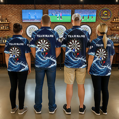 Matching Blue Waving darts team jerseys for men and women, custom tournament uniforms, professional league apparel, championship sportswear, precision-inspired dart team clothing