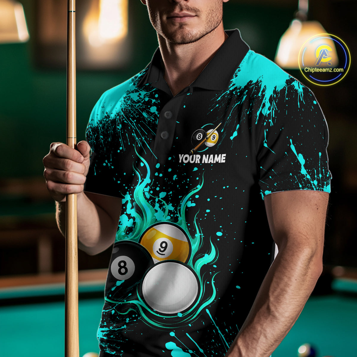 Teal Splatter Flame 8 Ball & 9 Ball Pool Polo 1/4-Zip Shirt For Men Personalized Billiard Team Apparel NYN3972