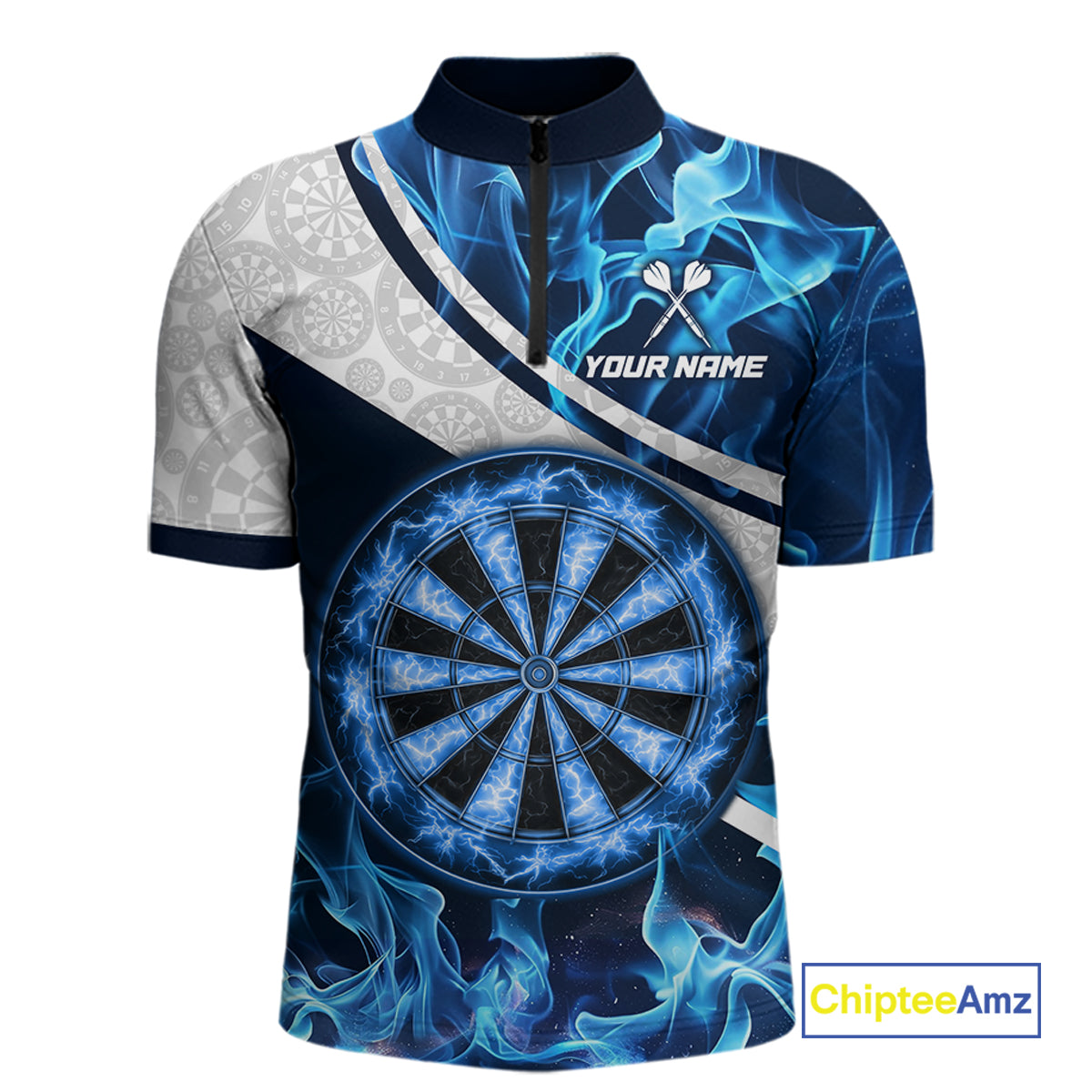 Personalized Blue Flaming Thunder Dartboard Men Darts Polo & 1/4-Zip Shirts Dart Team Jerseys NYN2801
