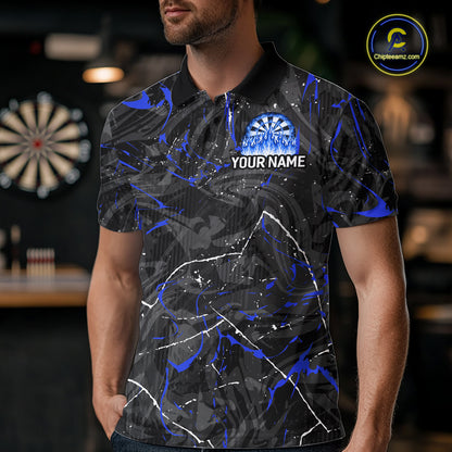 Custom Grey Blue Flaming Dartboard Darts Men Polo & 1/4-Zip Shirts Dart Team Jerseys NYN2806