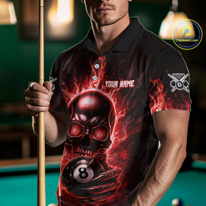 Red Flames Skull Hoding 8 Ball Pool Men Polo & 1/4-Zip Shirt Custom Billiards Ball Jerseys NYN2428