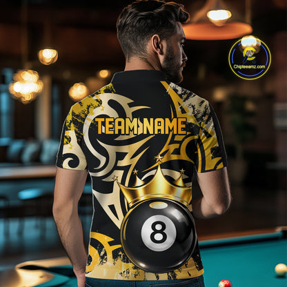Gold Tribal Crown 8 Ball Pool Men Polo & 1/4-Zip Team Shirt Custom Billiards Ball Jerseys NYN2429