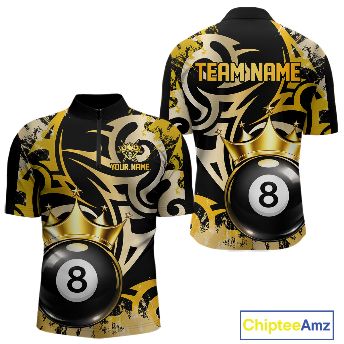 Gold Tribal Crown 8 Ball Pool Men Polo & 1/4-Zip Team Shirt Custom Billiards Ball Jerseys NYN2429