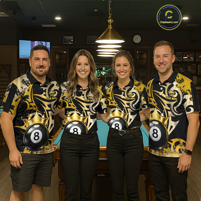 Gold Tribal Crown 8 Ball Pool Men Polo & 1/4-Zip Team Shirt Custom Billiards Ball Jerseys NYN2429