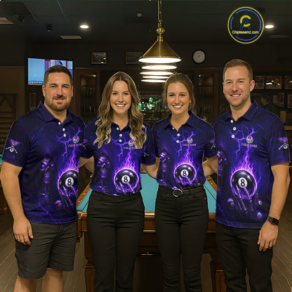 Fire Flame Purple 8 Ball Pool Billiard Team Shirt For Men Custom Grim Reaper Billiard Jerseys NYN2438
