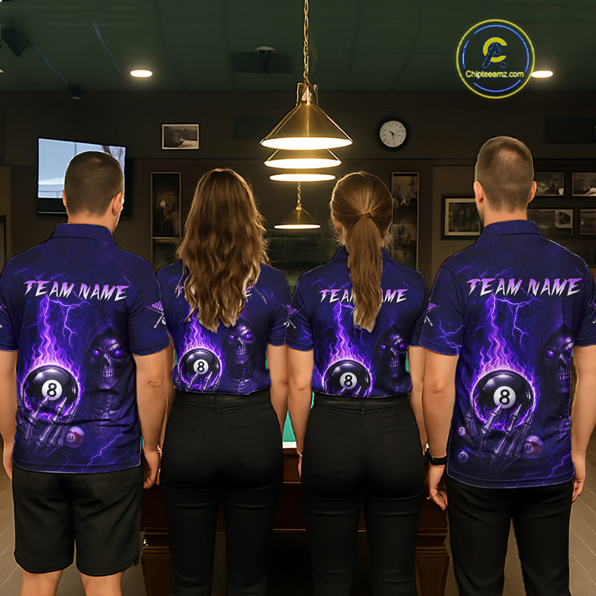 Fire Flame Purple 8 Ball Pool Billiard Team Shirt For Men Custom Grim Reaper Billiard Jerseys NYN2438