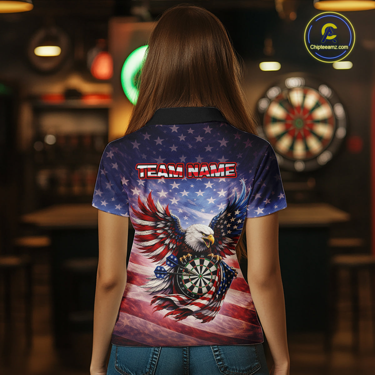 American Flag Eagle Dartboard & Arrow Women Darts Polo Shirt Custom Patriotic Dart Team Shirt NYN2659