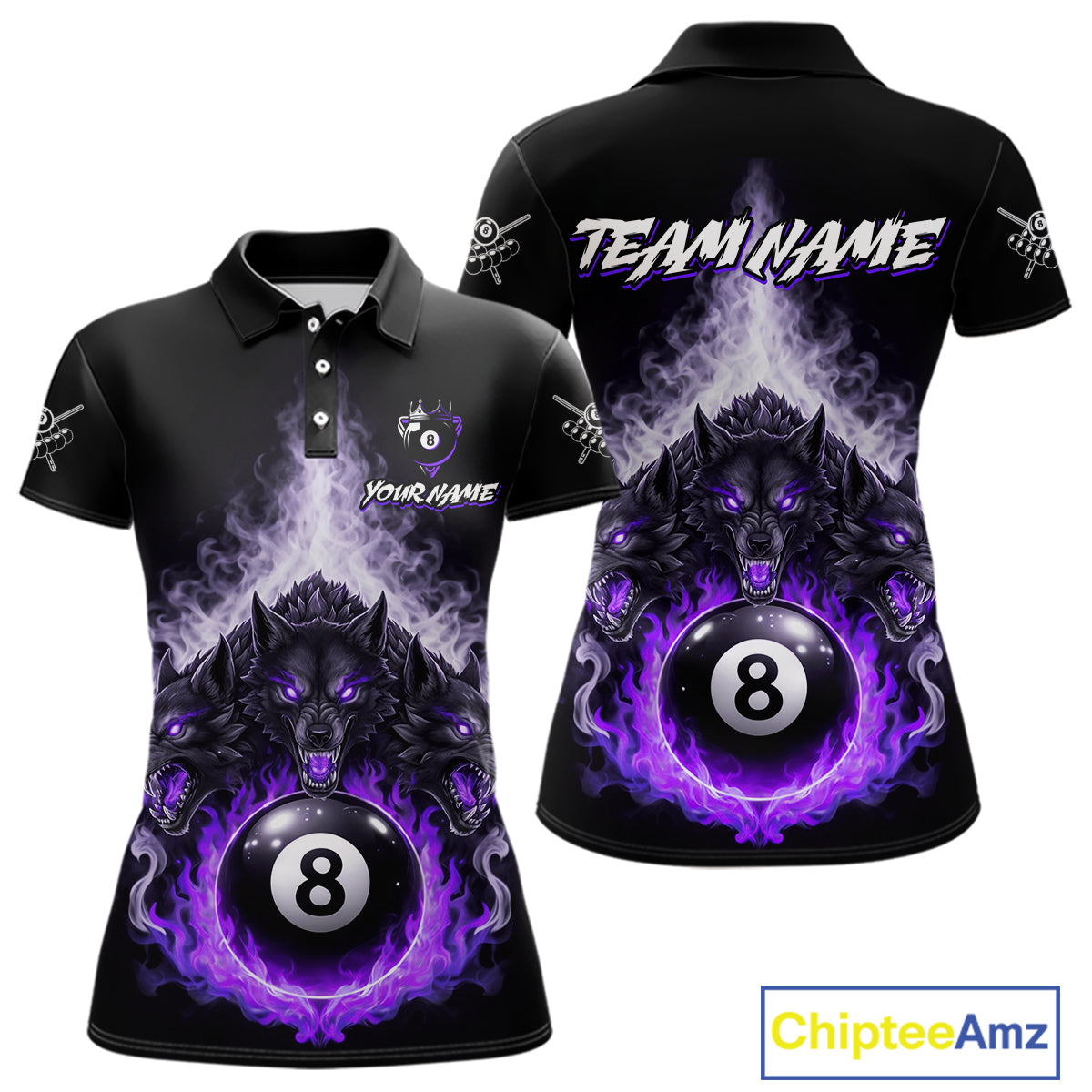 Custom Horror Wolfs Black Purple Smokes Pool 8 Ball Women's Billiard Team Shirt Billiard Attire NYN2667