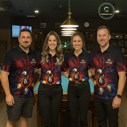 Custom Grunge Paint Blue & Red Eagle Pool 8 Ball Men's Billiard Team Shirt Billiard Attire NYN2670