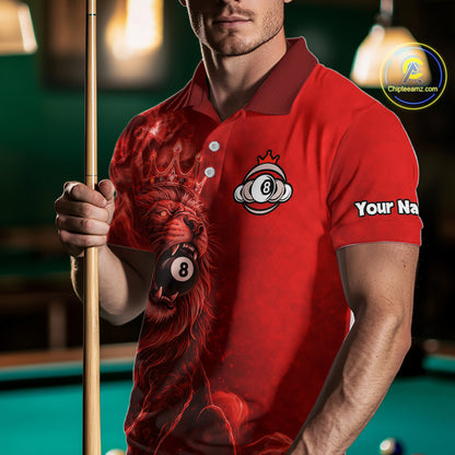 Personalized Red Grunge Smoke Crown Lion 8 Ball Pool Billiard Shirts For Men Billiard Attire Gifts NYN2826