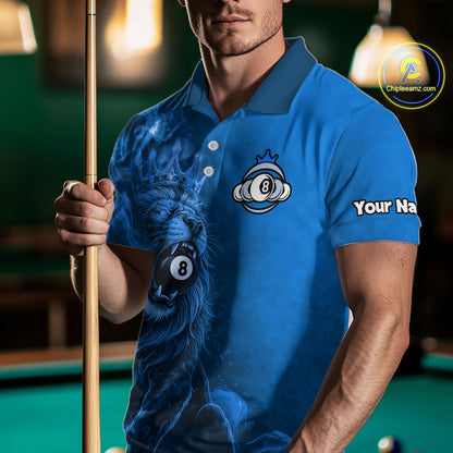 Personalized Blue Grunge Smoke Crown Lion 8 Ball Pool Billiard Shirts For Men Billiard Attire Gifts NYN2827
