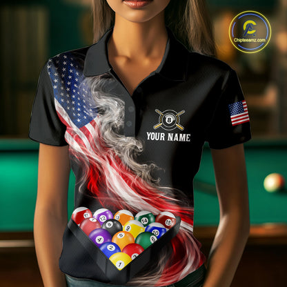 Smoke US Flag Smoke Billiard Polo & 1/4-Zip For Women Custom Patriotic 8 Ball Pool Team Jersey NYN3045