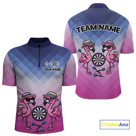 Custom Funny Pink Couple Flamingo Custom Dart Quarter-Zip Shirts For Men Dart Team Jerseys NYN2187