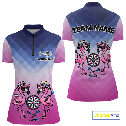 Custom Funny Pink Couple Flamingo Custom Dart Quarter-Zip Shirts For Women Dart Team Jerseys NYN2187
