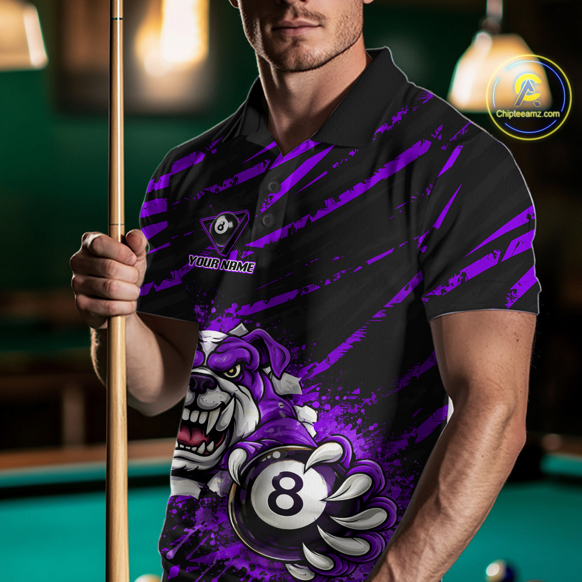 Purple Splatter Ball 8 Billiard Jerseys For Men Custom Funny Bulldog Billiard Team Jersey NYN2829