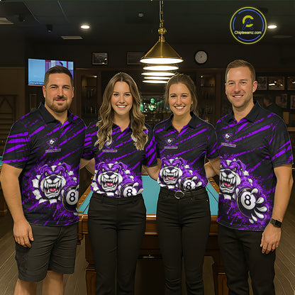 Purple Splatter Ball 8 Billiard Jerseys For Men Custom Funny Bulldog Billiard Team Jersey NYN2829