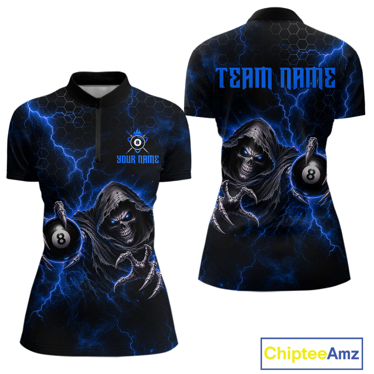 Custom Blue Grim Reaper Thunder 8 Ball Pool Billiard Shirt For Women, Billiard Team Jersey NYN3779