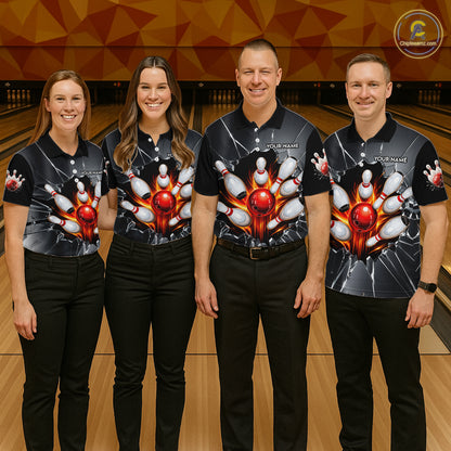 Grey Broken Glass Bowling Shirt For Women Custom Fire Flame Outfit Bowling Jersey | Red NYN3230
