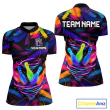 Load image into Gallery viewer, Funny Neon Tornado Bowling Pins women's quarter zip bowling shirt personalized bowling league uniform
