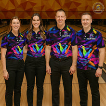 Load image into Gallery viewer, Men women bowling team wearing Neon Tornado Bowling Pins custom bowling uniforms and colorful bowling jerseys