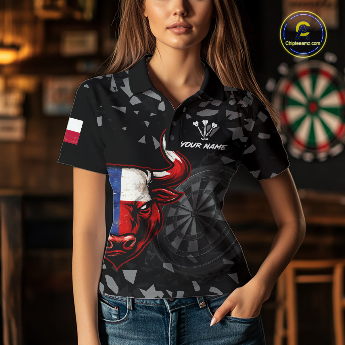 Texas Flag Bull & Dartboard Custom Grunge Women Darts Polo Shirt Patriotic Darts Team Jersey NYN2716