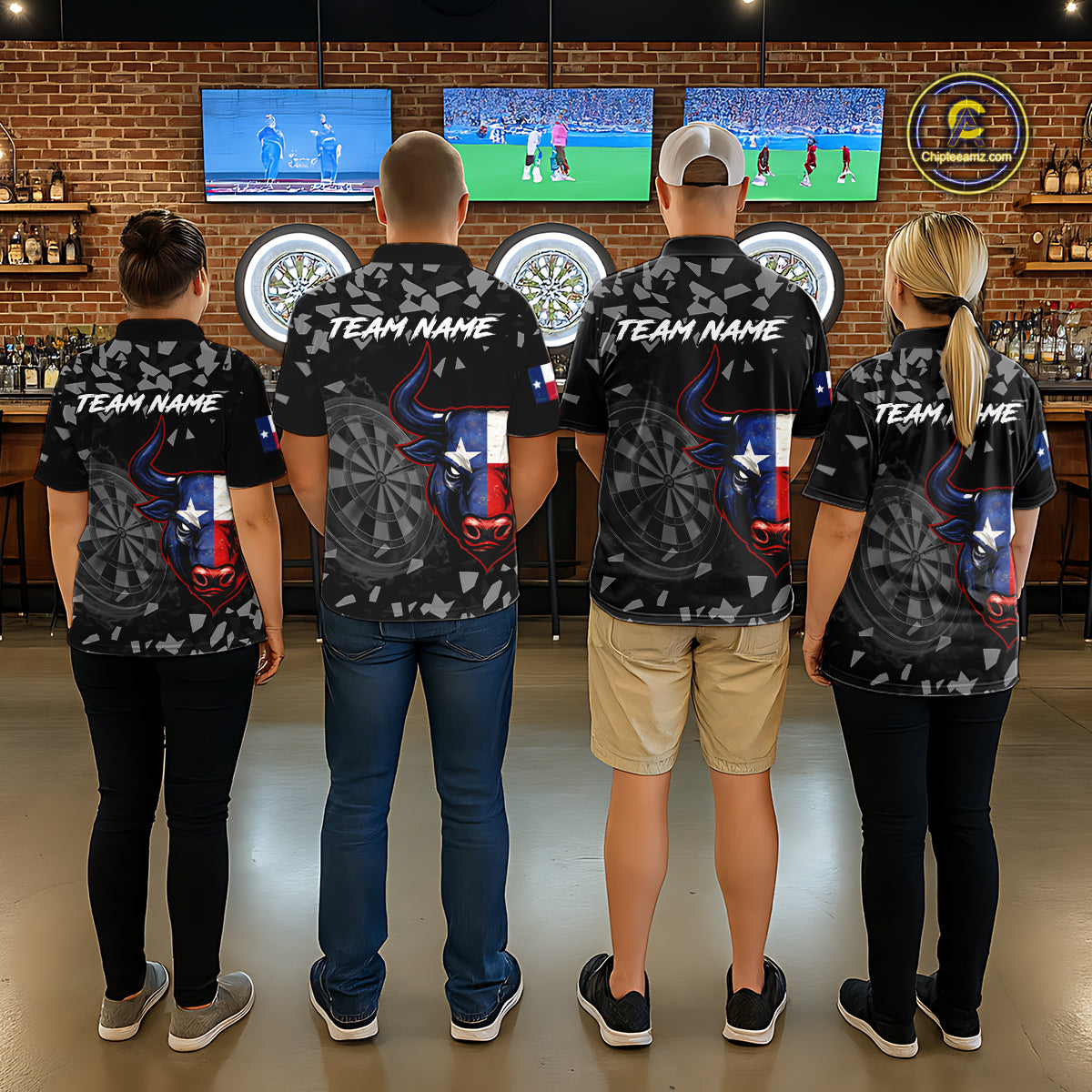 Texas Flag Bull & Dartboard Custom Grunge Men Darts 1/4-Zip Shirt Patriotic Darts Team Jersey NYN2716