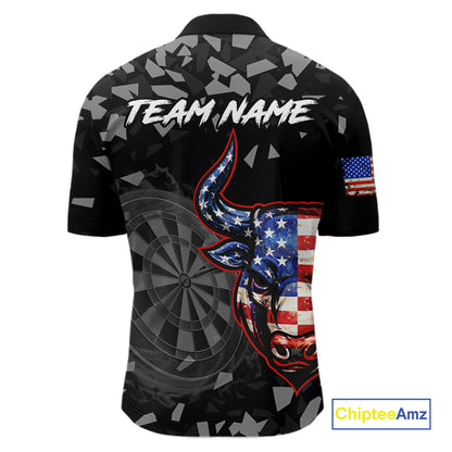USA Flag Bull & Dartboard Custom Grunge Men Darts 1/4-Zip Shirt Patriotic Darts Team Jersey NYN2717