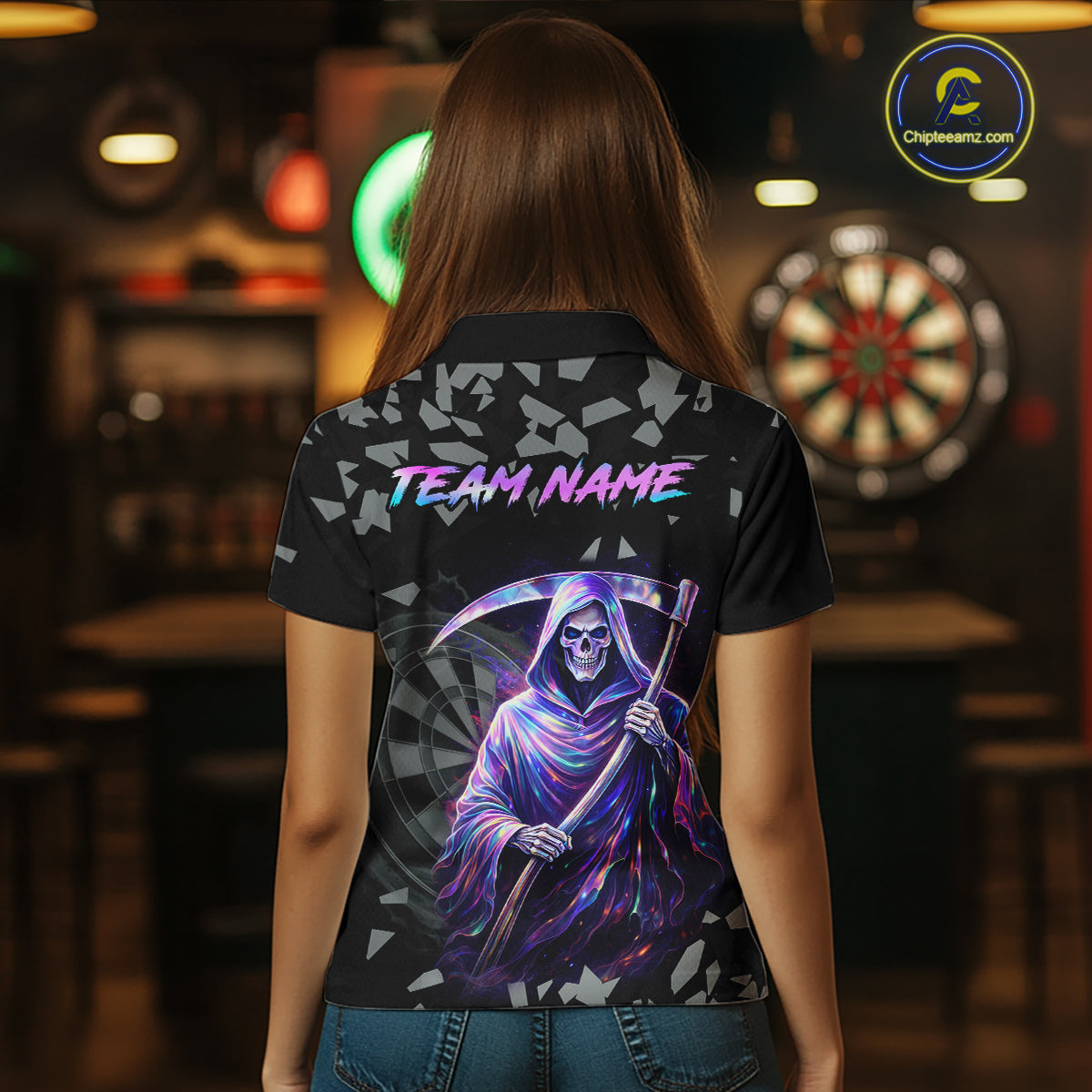 Holographic Grim Reaper Smoke Dartboard Custom Women Darts Polo Shirt Dart Team Jersey NYN2720