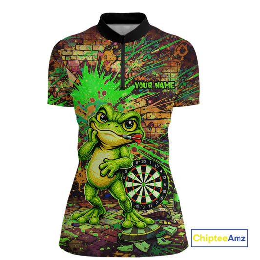 Personalized Funny Dart Shirt Cartoon Frog Dartboard Polo Quarter Zip Shirt Custom Team Shirt For Women NYN2858