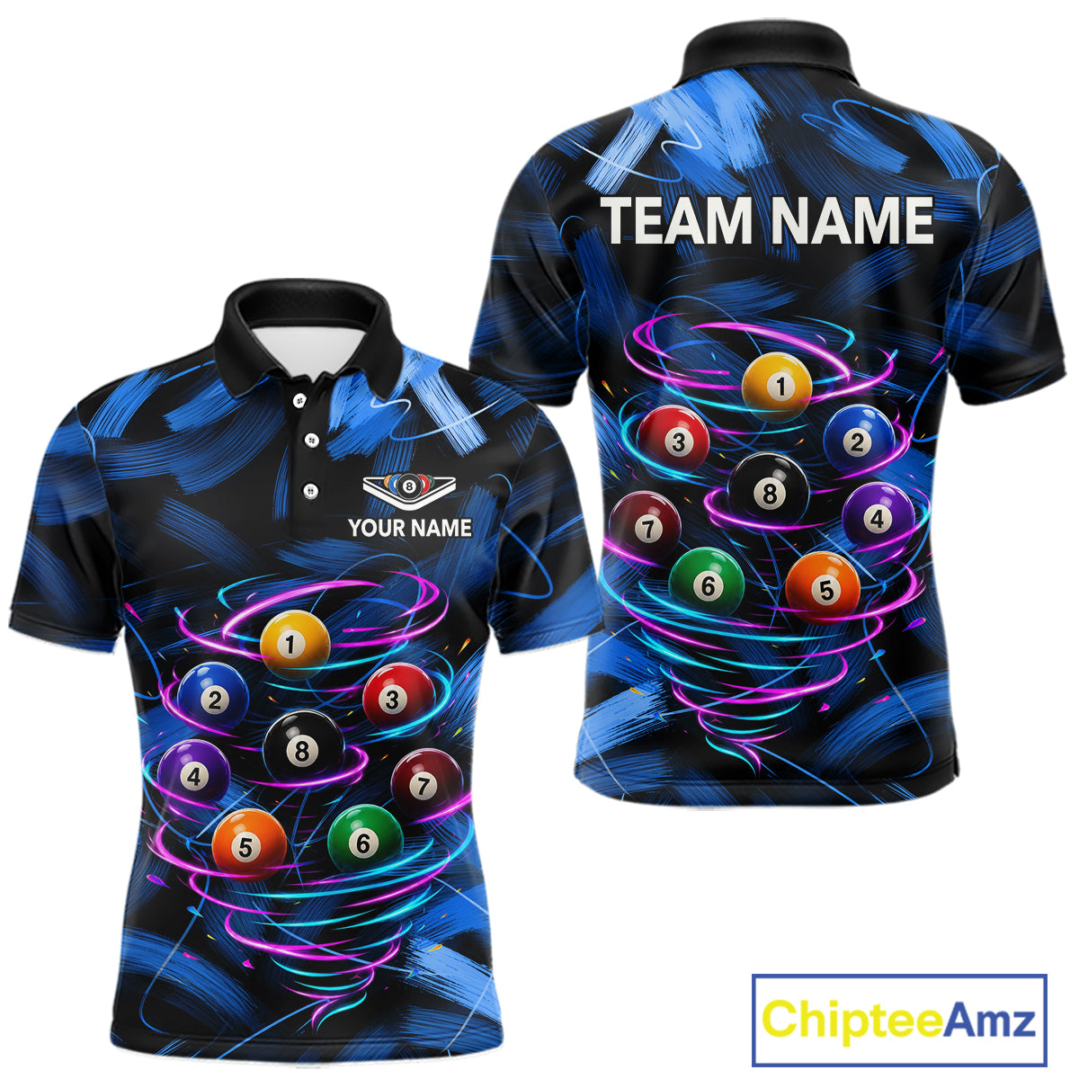Neon Blue Light billiard ball men's billiard polo shirt custom brush paint pool jersey, personalized billiards apparel