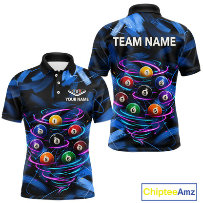Neon Blue Light billiard ball men's billiard polo shirt custom brush paint pool jersey, personalized billiards apparel