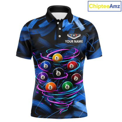 Neon Blue Light billiard ball men's billiard polo shirt custom brush paint pool jersey, personalized billiards apparel