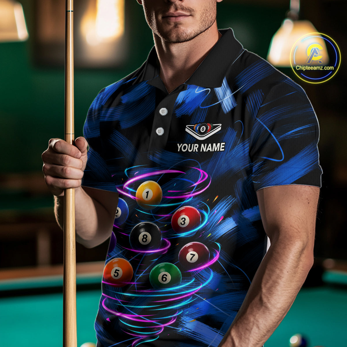 Male billiards player wearing Neon Blue Light billiard ball jersey during pool league competition and cue sports event