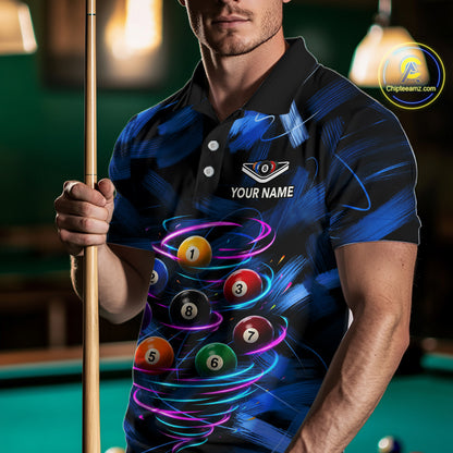 Male billiards player wearing Neon Blue Light billiard ball jersey during pool league competition and cue sports event