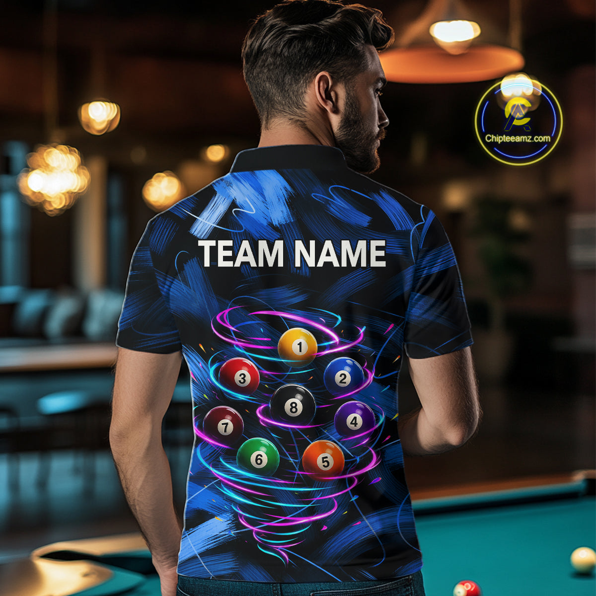 Male billiards player wearing Neon Blue Light billiard ball jersey during pool league competition and cue sports event