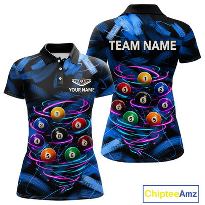 Neon Blue Light billiard ball women's billiard polo shirt custom brush paint pool jersey, personalized billiards apparel