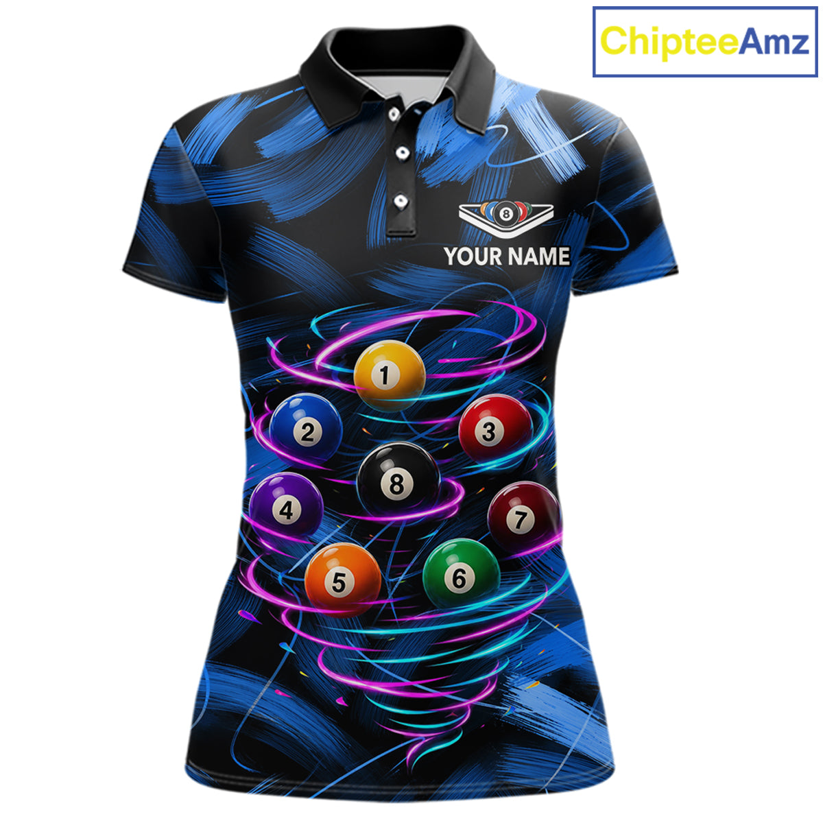 Neon Blue Light billiard ball women's billiard polo shirt custom brush paint pool jersey, personalized billiards apparel
