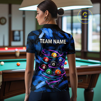 Female billiards player wearing Neon Blue Light billiard ball jersey during pool league competition and cue sports event