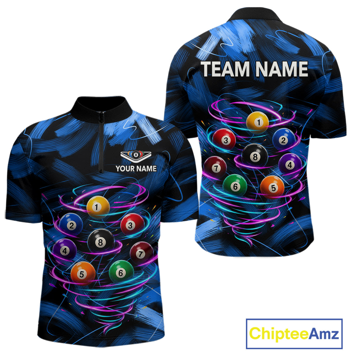 Neon Blue Light billiard ball men's quarter zip pool shirt custom billiard team jersey, tournament billiards uniform