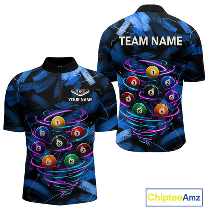 Neon Blue Light billiard ball men's quarter zip pool shirt custom billiard team jersey, tournament billiards uniform