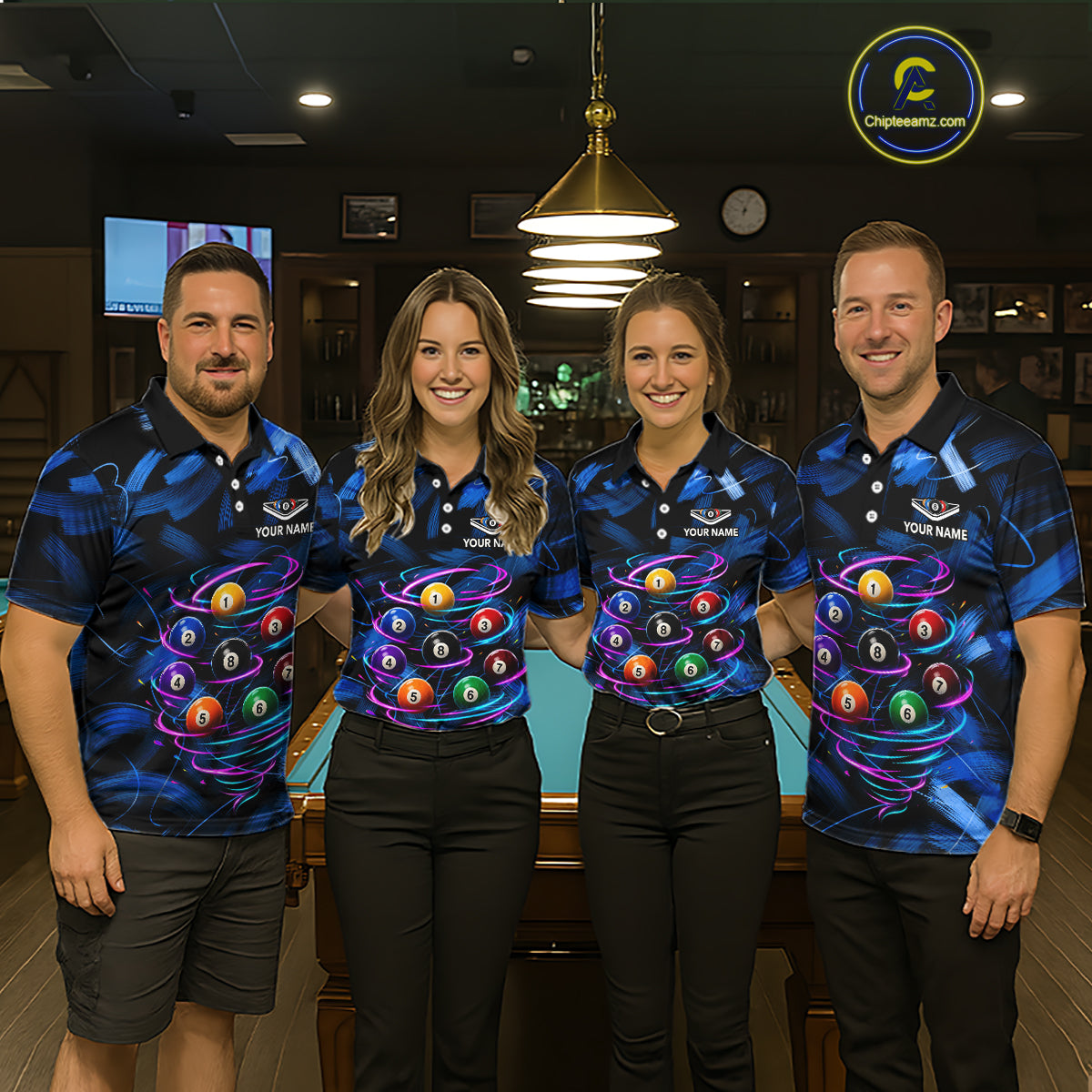 Men women billiard team wearing Neon Blue Light custom billiards uniforms, personalized pool team jerseys